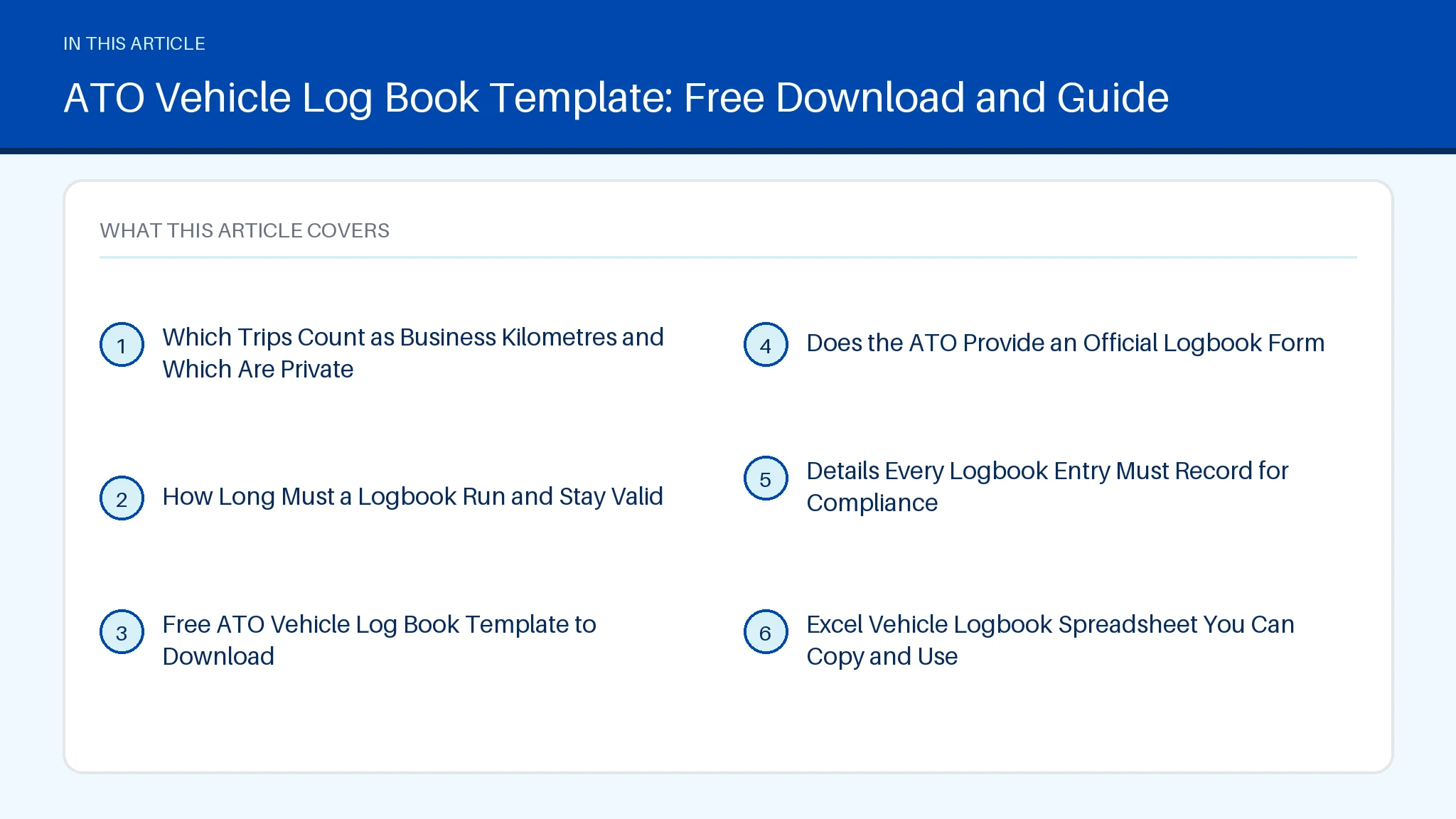 ATO Vehicle Log Book Template for Work Trips Contents figure for ato vehicle log book template, listing 6 sections including Which Trips Count as Business Kilometres and Which Are Private.
